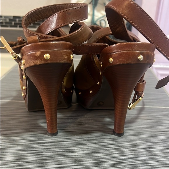 Tory Burch Brown Mules with Wooden Platform and Gold Studs Size 9.0 - Picture 3 of 7
